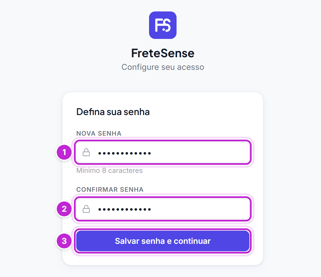 Tela Defina sua senha com os campos Nova senha e Confirmar senha preenchidos