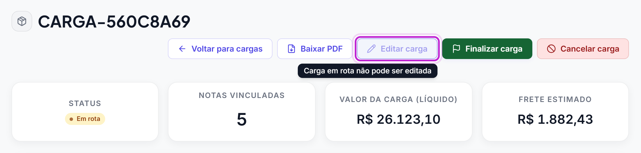 Topo da tela de uma carga em rota com o botão Editar carga desabilitado e a dica Carga em rota não pode ser editada