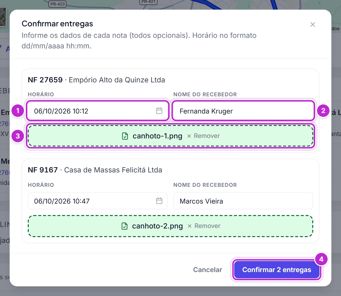 Janela Confirmar entregas com um bloco por nota, cada um com horário, nome do recebedor e comprovante, e o botão Confirmar 2 entregas