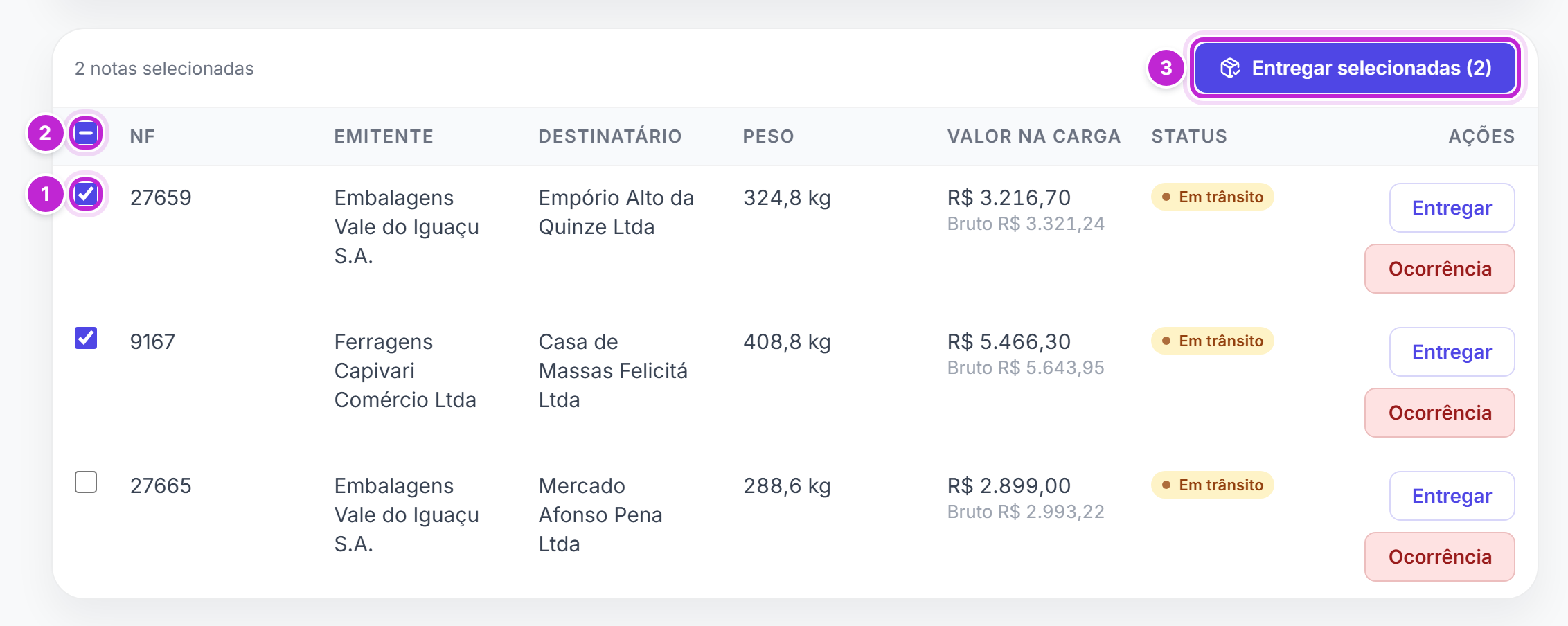 Tabela de notas de uma carga em rota com duas notas marcadas e o botão Entregar selecionadas (2)