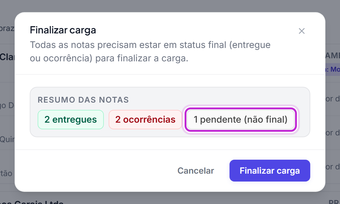 Janela Finalizar carga com o resumo das notas mostrando as entregues, as ocorrências e, em destaque, uma nota pendente