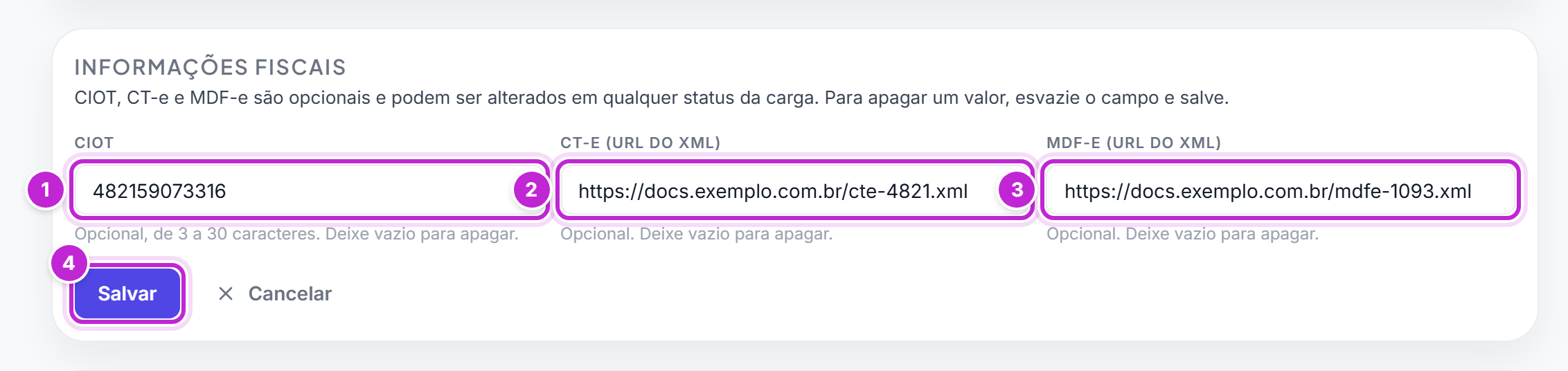 Bloco Informações fiscais em edição com CIOT, endereço do CT-e e endereço do MDF-e preenchidos