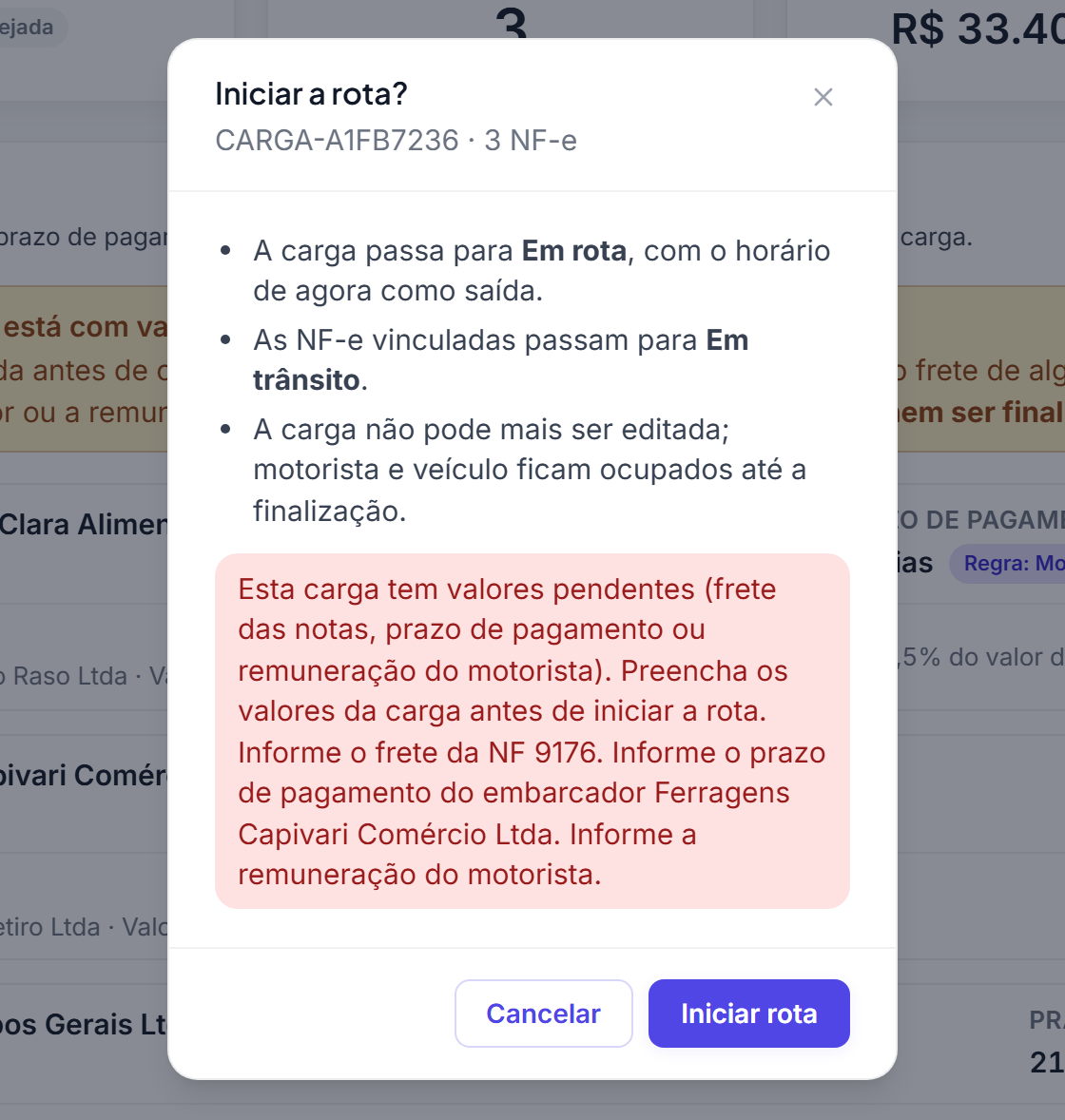 Diálogo Iniciar a rota? com a mensagem de que a carga tem valores pendentes e a lista do que falta preencher