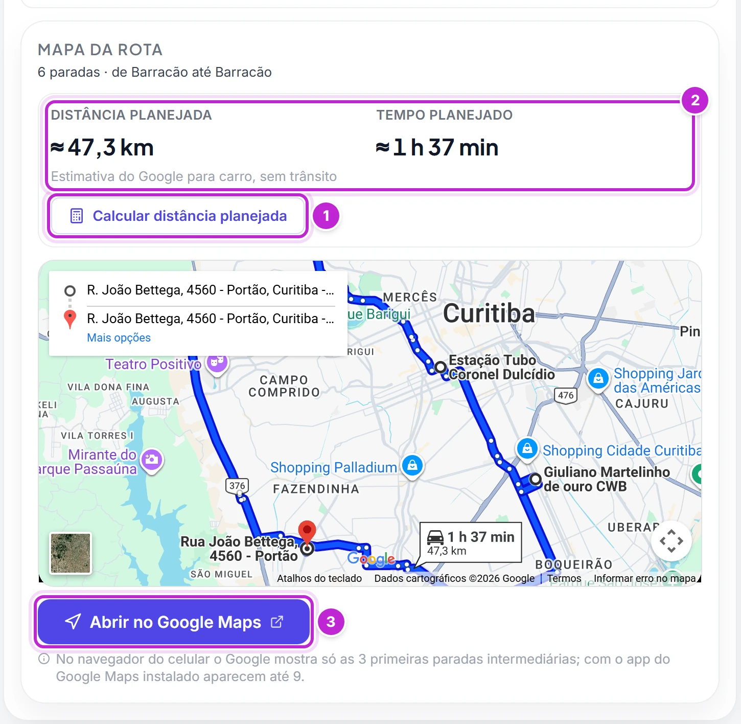 Cartão Mapa da rota com distância e tempo planejados, o mapa do trajeto e o botão Abrir no Google Maps