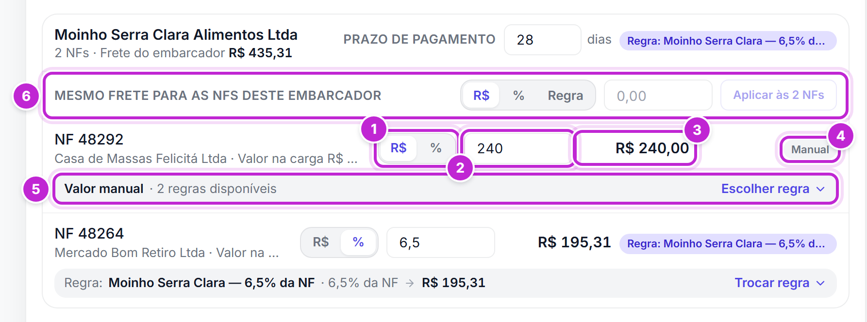 Bloco de um embarcador na aba Valores com a alternância R$ e %, o valor digitado, o frete calculado e a etiqueta de origem de cada nota, a linha da regra abaixo dos campos, com o botão Escolher regra, e a faixa Mesmo frete para as NFs deste embarcador