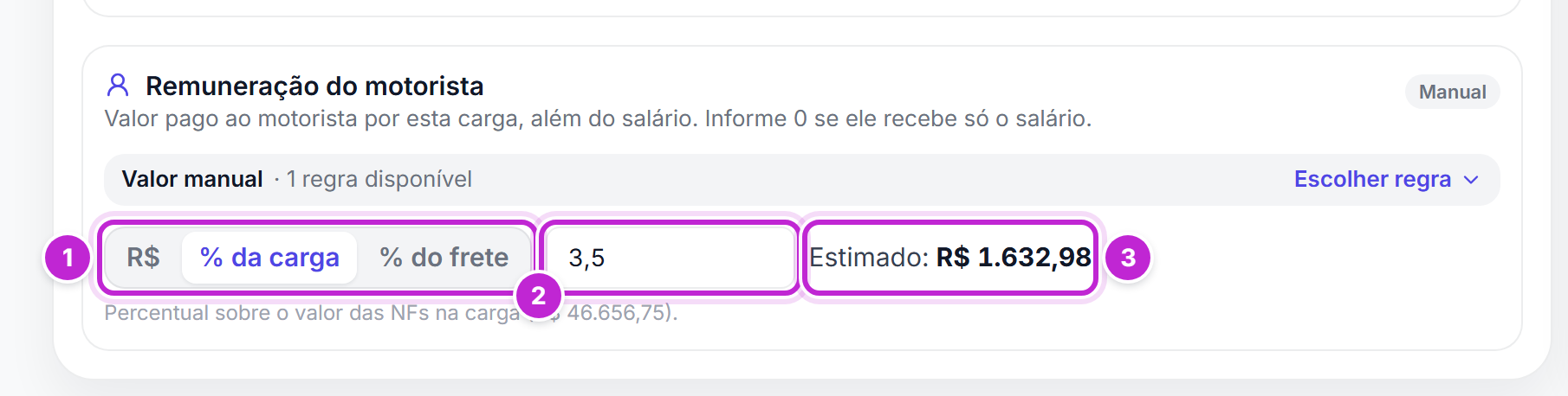 Bloco Remuneração do motorista com as opções R$, % da carga e % do frete, o valor digitado, o valor estimado em reais e a etiqueta de origem