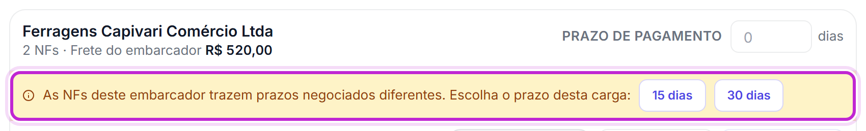Bloco de um embarcador com o aviso de que as notas trazem prazos negociados diferentes e um botão para cada prazo