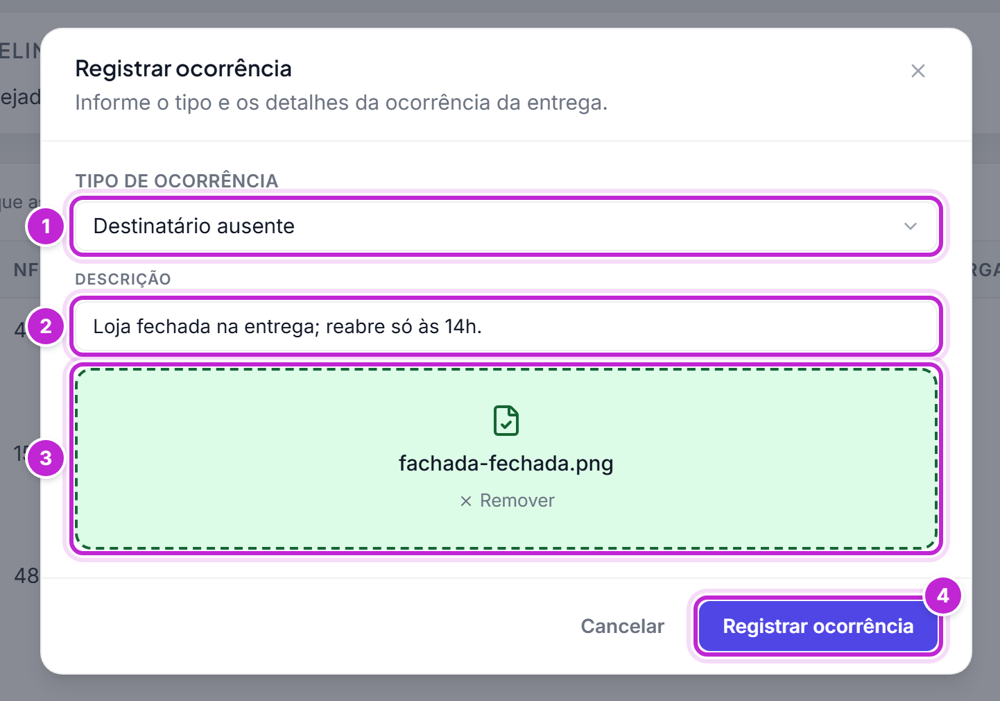 Janela Registrar ocorrência com o tipo Destinatário ausente, a descrição preenchida e uma foto anexada