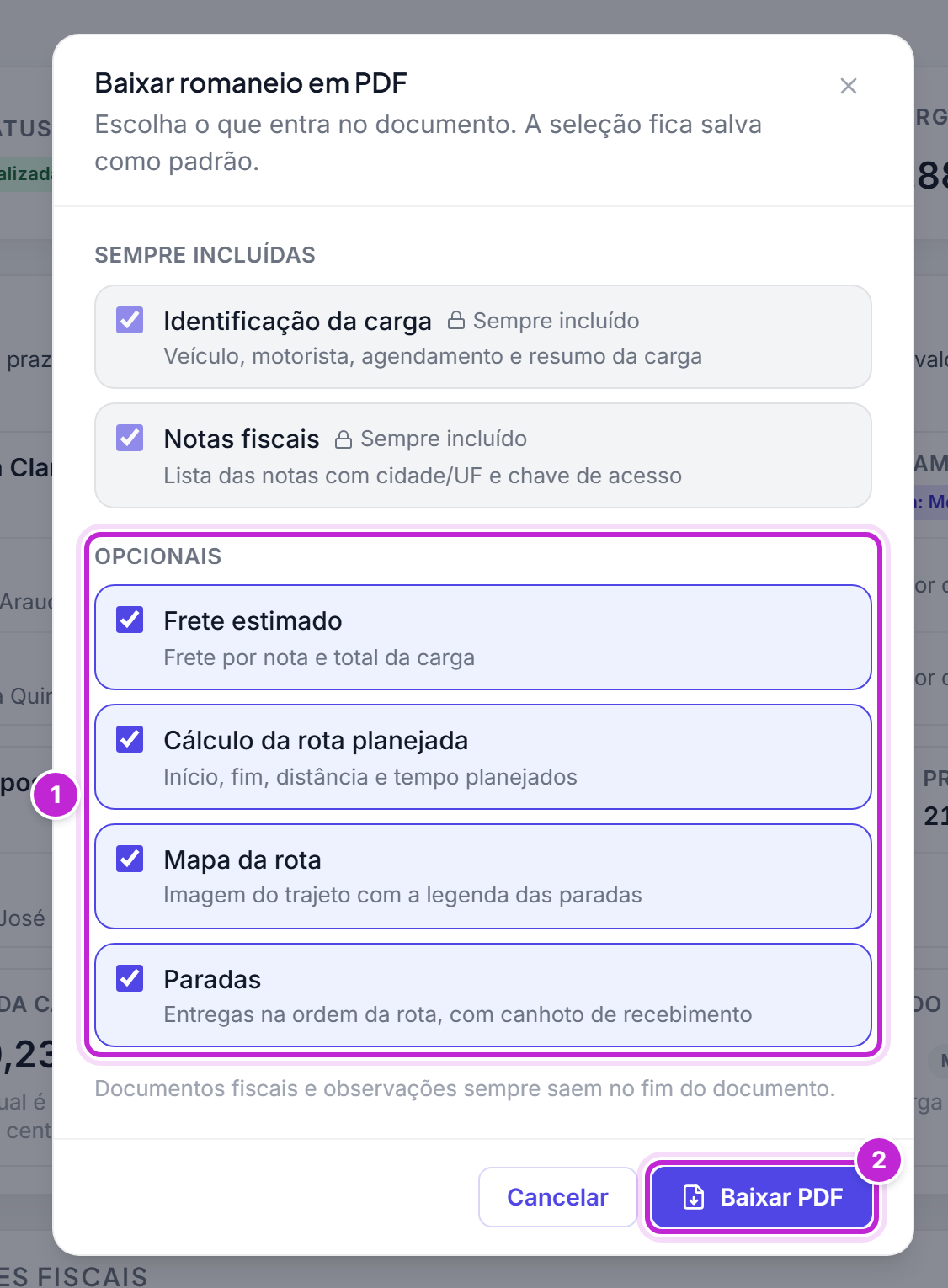 Janela Baixar romaneio em PDF com as seções sempre incluídas e as quatro seções opcionais marcadas