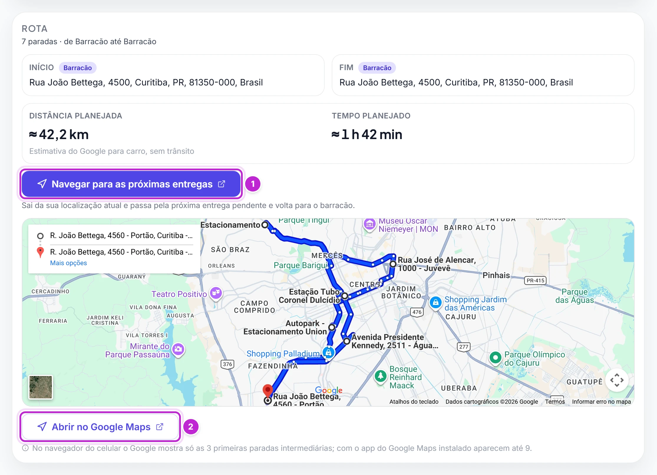Bloco Rota com início e fim no barracão, distância e tempo planejados, o botão Navegar para as próximas entregas e o mapa do trajeto