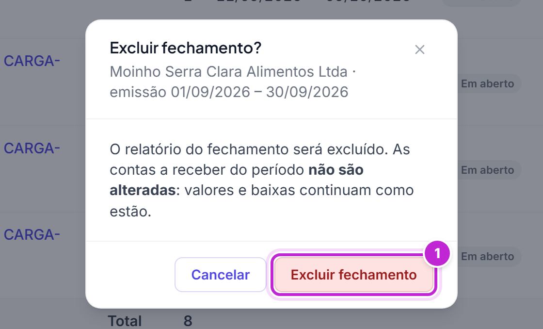 Diálogo Excluir fechamento? explicando que o relatório será excluído e que as contas a receber do período não são alteradas