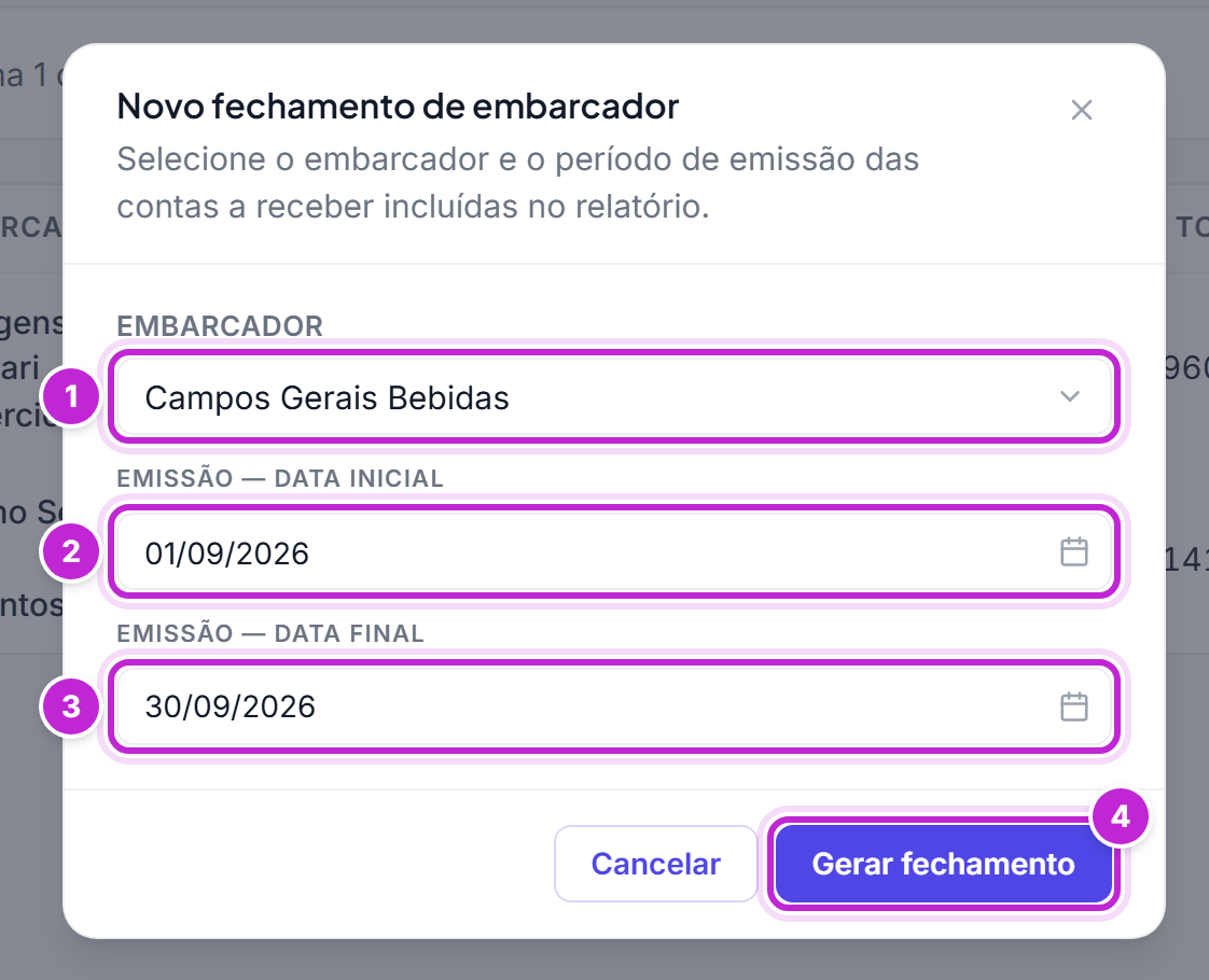 Modal Novo fechamento de embarcador com um embarcador escolhido e o período de emissão do mês anterior