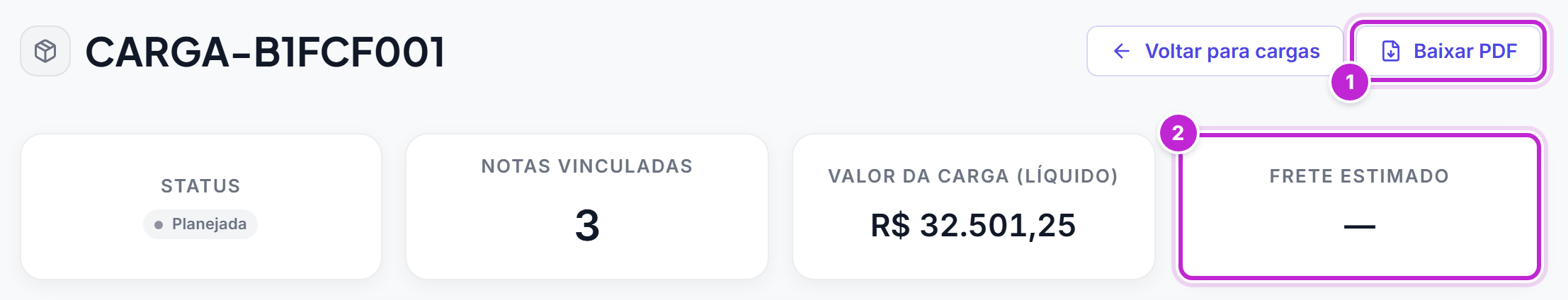 Tela de uma carga vista pelo perfil Visualizador, só com o botão Baixar PDF, o cartão Frete estimado com um traço e sem o cartão Valores