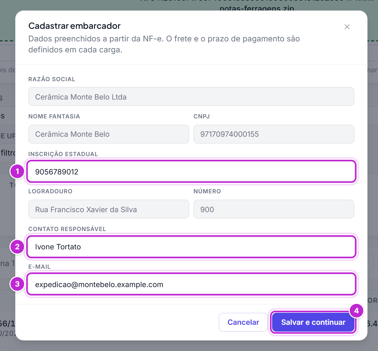 Janela Cadastrar embarcador com os dados lidos da nota travados, os campos Inscrição estadual, Contato responsável e E-mail e o botão Salvar e continuar