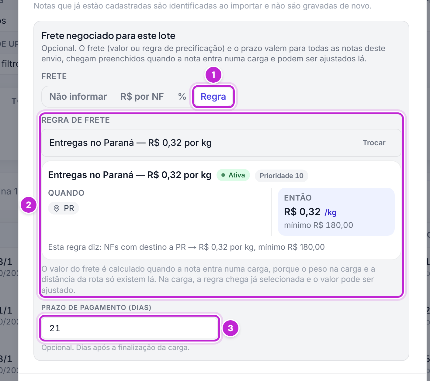 Bloco Frete negociado para este lote com a opção Regra, uma regra de frete escolhida, o cartão da regra com o Quando, o Então e a frase Esta regra diz, e o prazo de pagamento