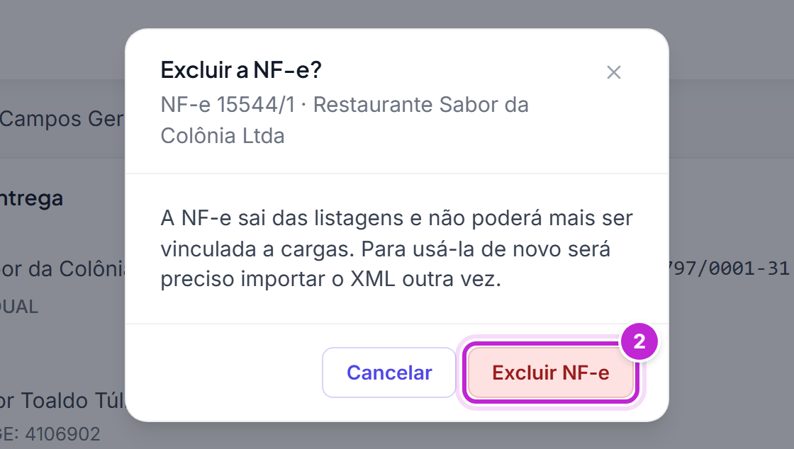 Janela Excluir a NF-e? com o número da nota, o destinatário, o aviso e os botões Cancelar e Excluir NF-e