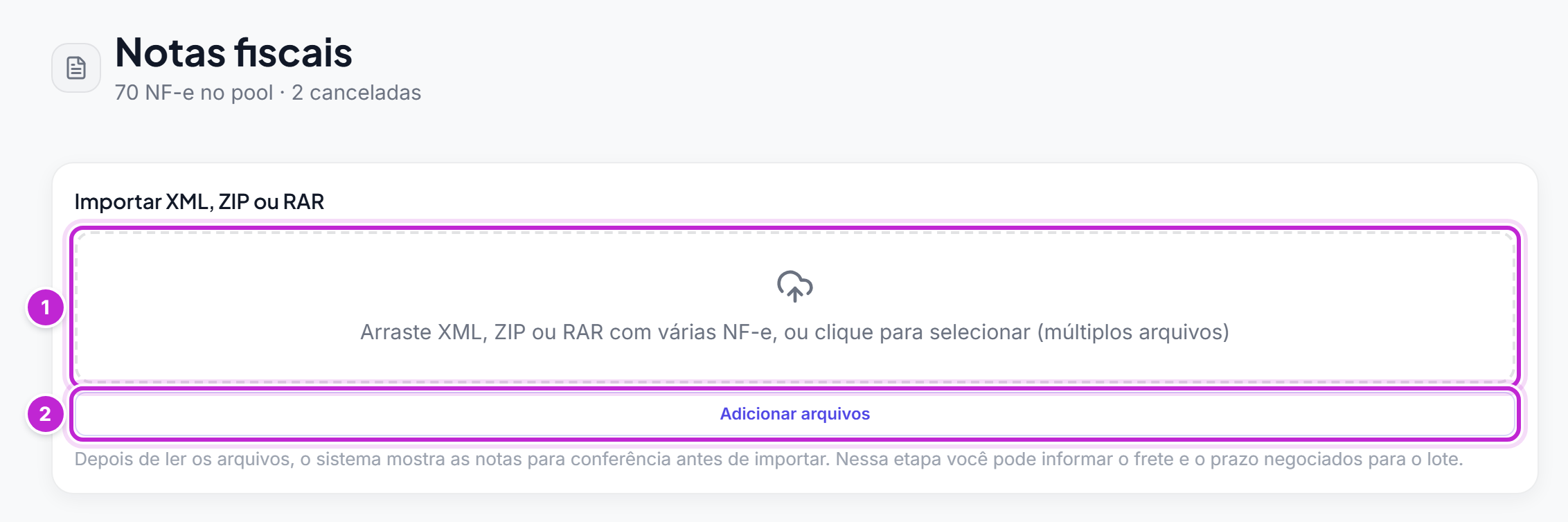 Seção Importar XML, ZIP ou RAR da tela Notas fiscais, com a área para arrastar arquivos e o botão Adicionar arquivos