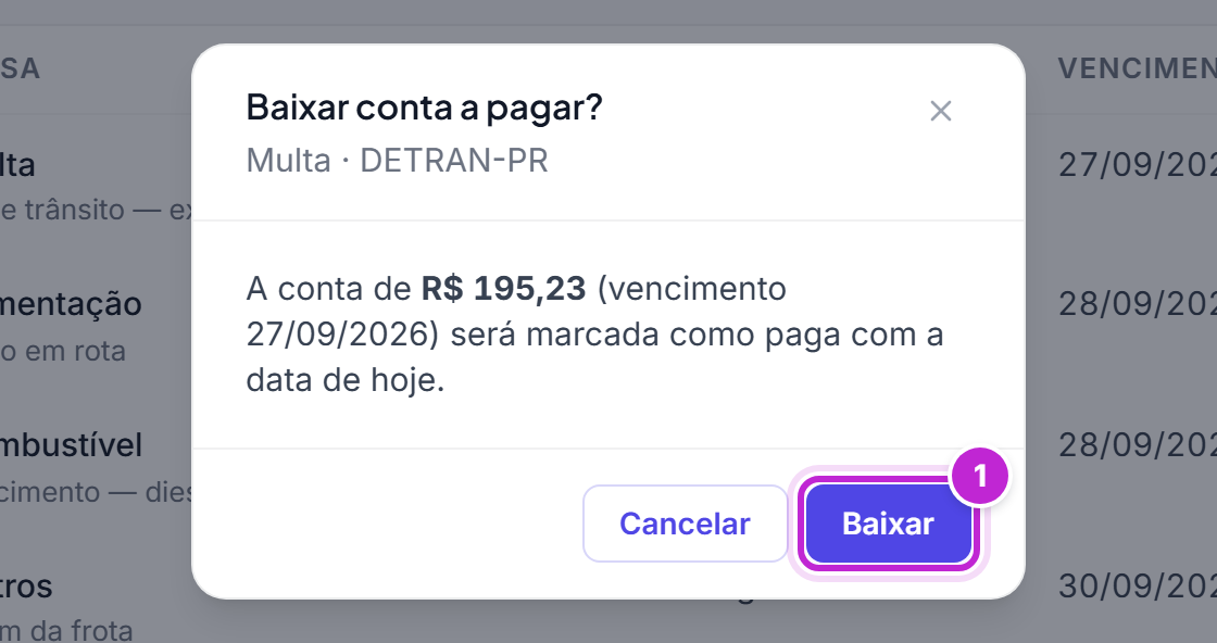 Diálogo Baixar conta a pagar? informando que a conta de R$ 195,23 será marcada como paga com a data de hoje