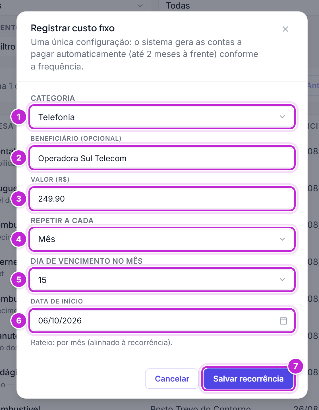 Modal Registrar custo fixo preenchido: Telefonia, Operadora Sul Telecom, valor 249,90, repetição mensal com vencimento no dia 15
