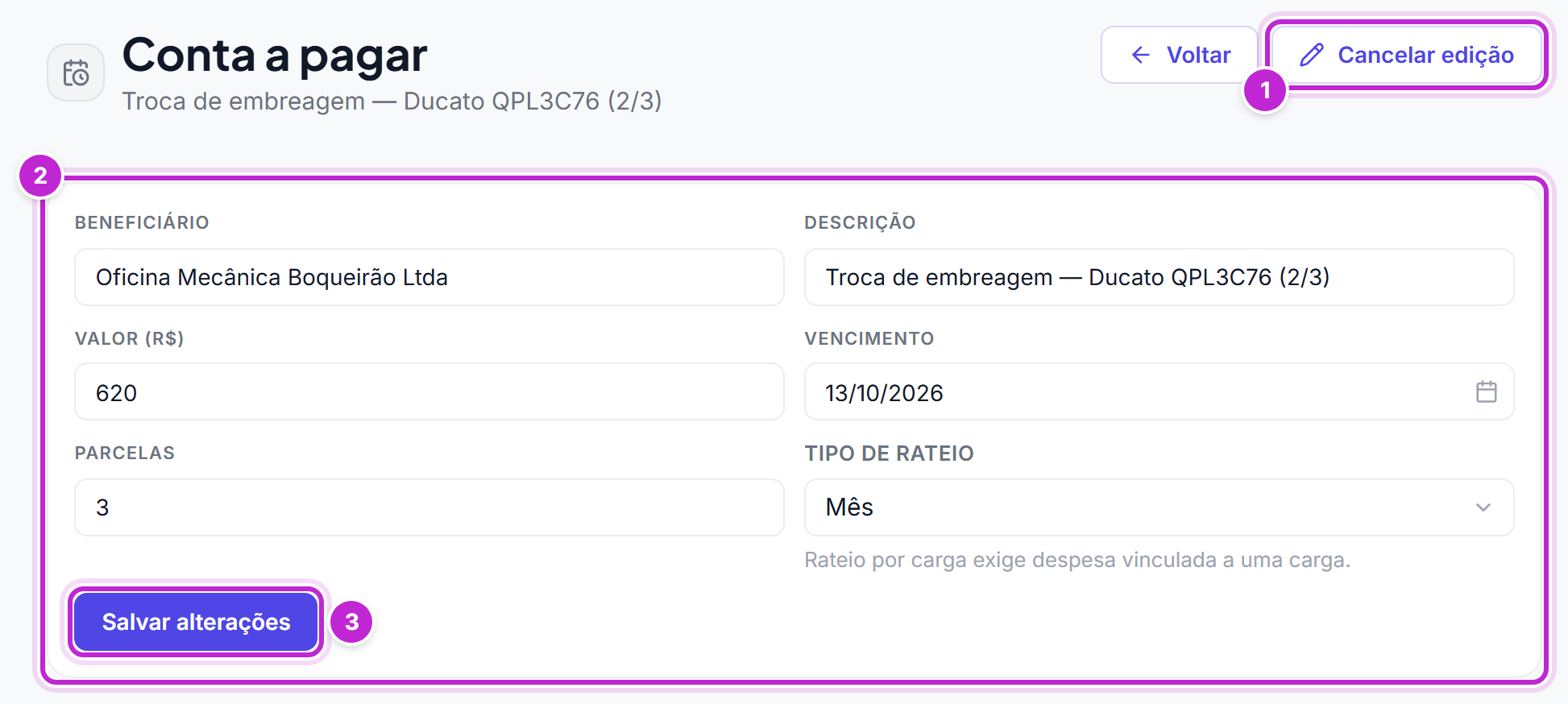 Detalhe da conta a pagar em modo de edição, com os campos Beneficiário, Descrição, Valor, Vencimento, Parcelas e Tipo de rateio