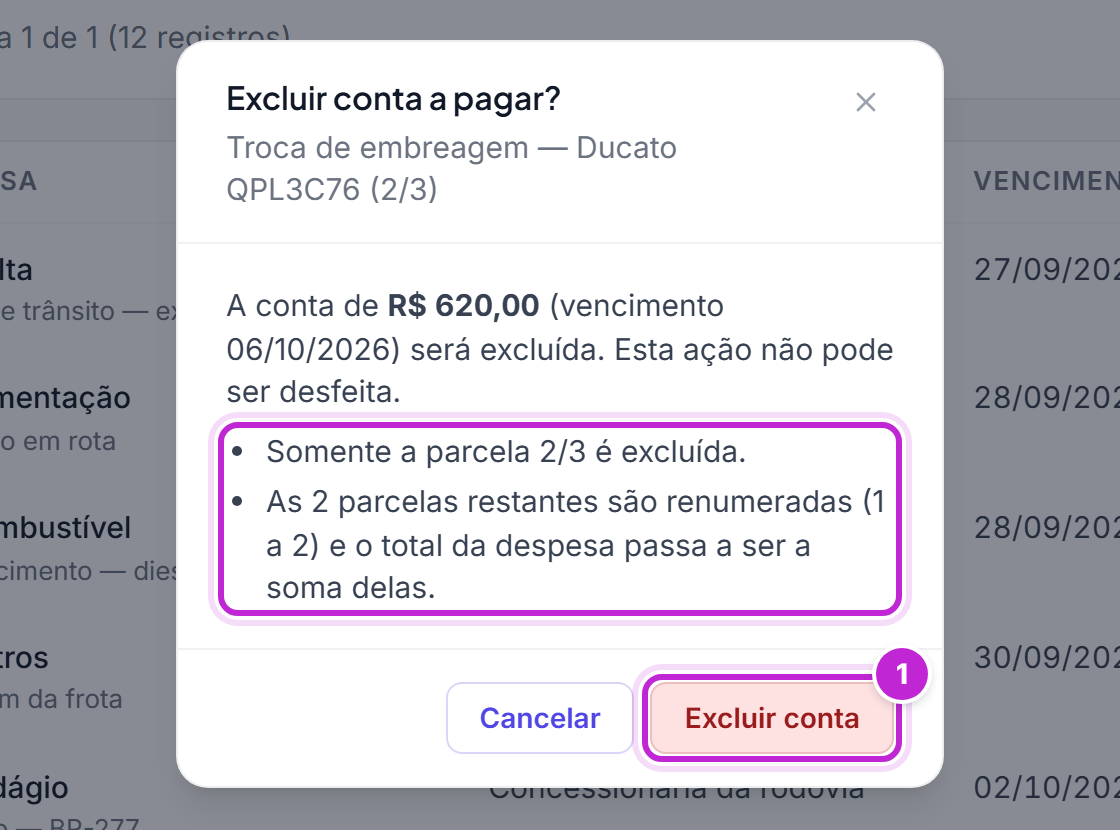 Diálogo Excluir conta a pagar? da parcela 2/3 da troca de embreagem, explicando que as 2 parcelas restantes são renumeradas
