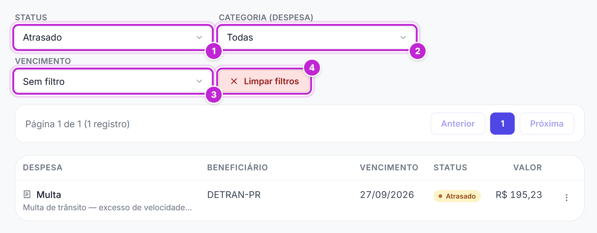 Filtros de contas a pagar com o status Atrasado selecionado e uma única conta na lista, a multa de trânsito