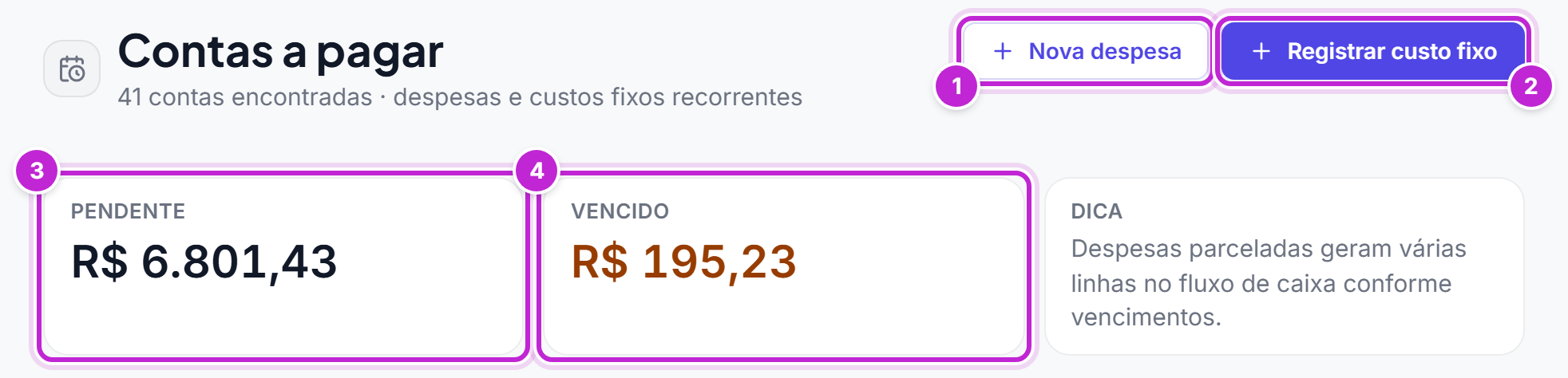 Alto da tela Contas a pagar com os botões Nova despesa e Registrar custo fixo e os cartões Pendente e Vencido