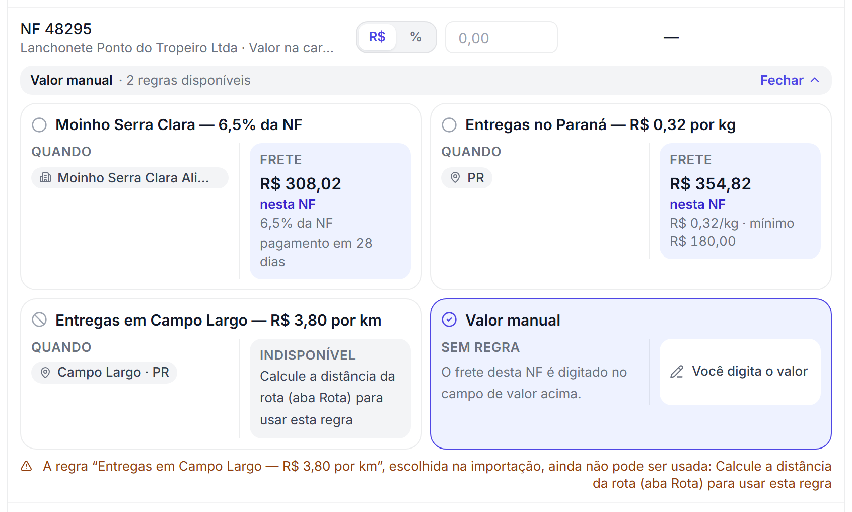 Nota na aba Valores sem frete preenchido, com os cartões de regra abertos, o cartão da regra escolhida na importação marcado como Indisponível com o motivo e o aviso de que ela ainda não pode ser usada porque a distância da rota não foi calculada