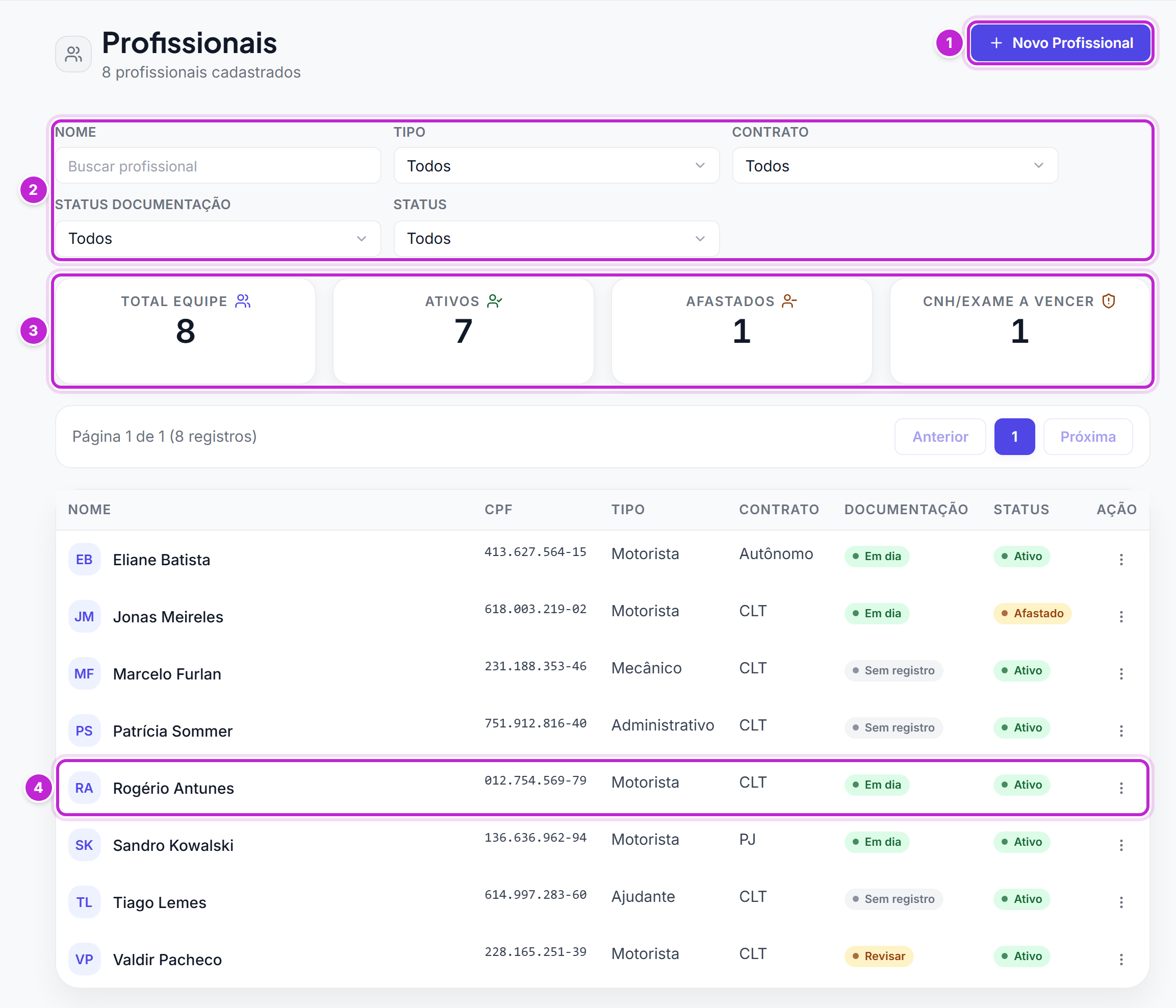 Tela Profissionais com o botão Novo Profissional, os filtros, os cartões de resumo e a tabela da equipe