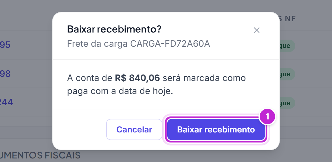 Diálogo Baixar recebimento? informando o valor da conta que será marcada como paga com a data de hoje