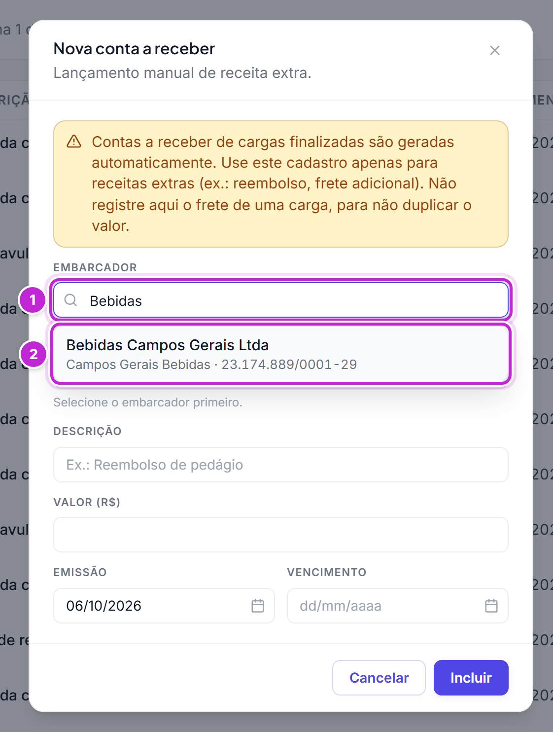 Modal Nova conta a receber com a busca por Bebidas no campo Embarcador e um resultado na lista