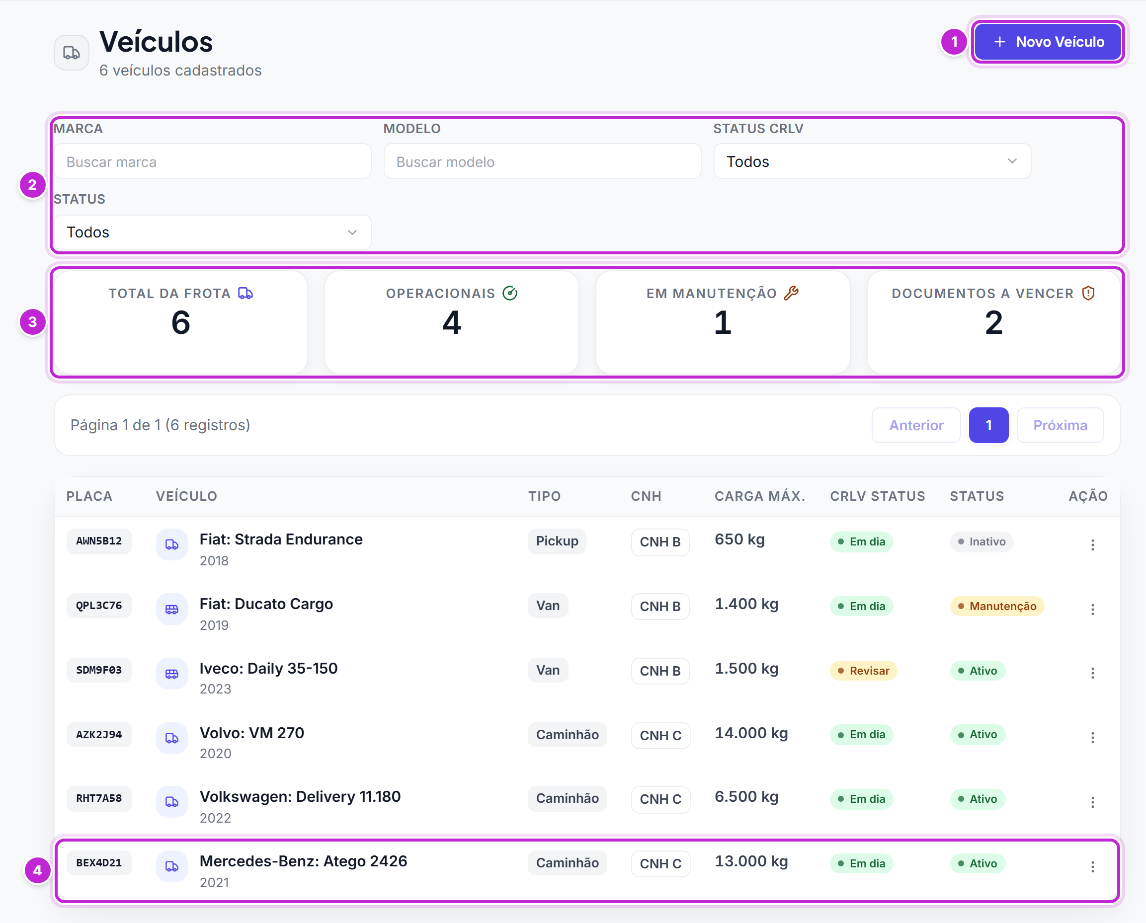 Tela Veículos com o botão Novo Veículo, os filtros, os cartões de resumo e a tabela da frota